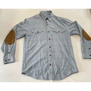 ORVIS Blue Button Up Leather Patch Shirt Men's M Long Sleeve